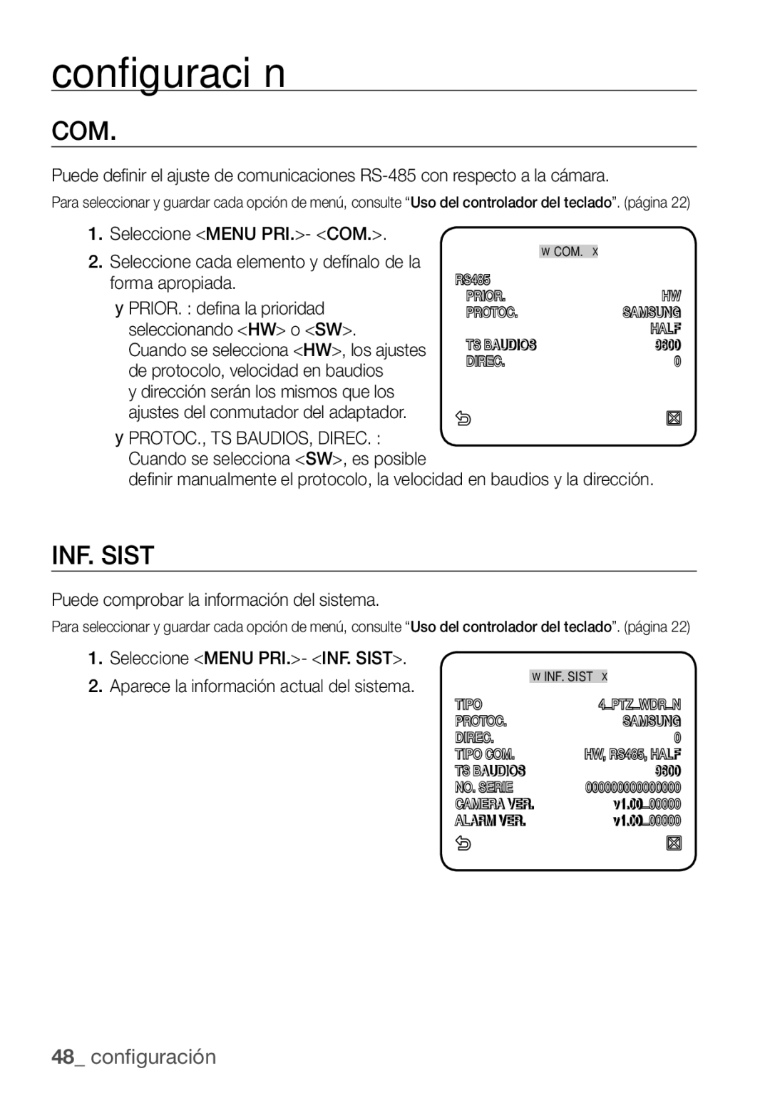 Samsung SCC-C7455P manual Com, INF. Sist, Puede comprobar la información del sistema 