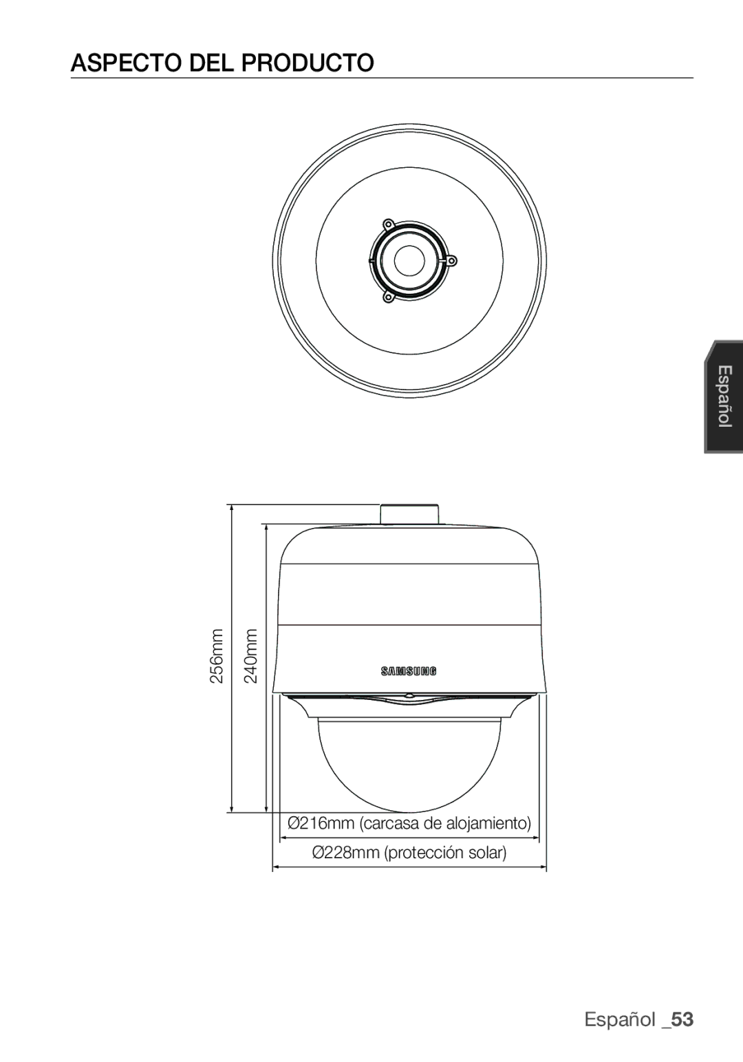 Samsung SCC-C7455P manual Aspecto DEL Producto, Ø216mm carcasa de alojamiento Ø228mm protección solar 