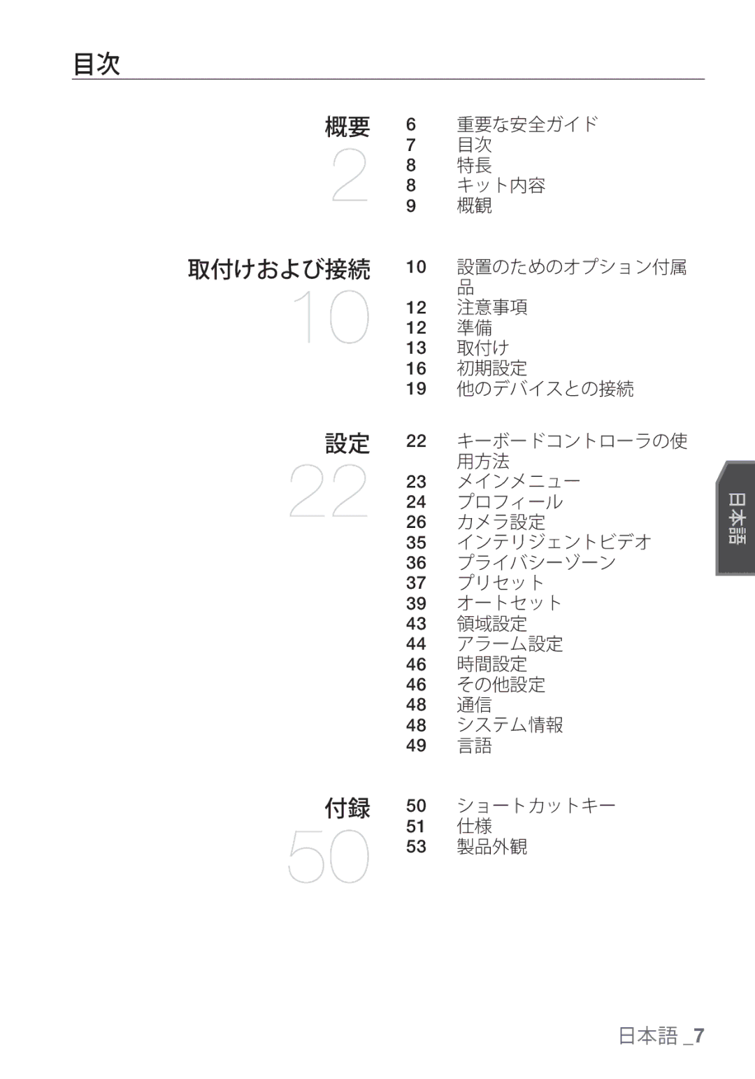 Samsung SCC-C7455P 重要な安全ガイド, キット内容, 設置のためのオプション付属, 注意事項, 取付け, 初期設定, 他のデバイスとの接続, キーボードコントローラの使, 用方法, メインメニュー, プロフィール, カメラ設定 