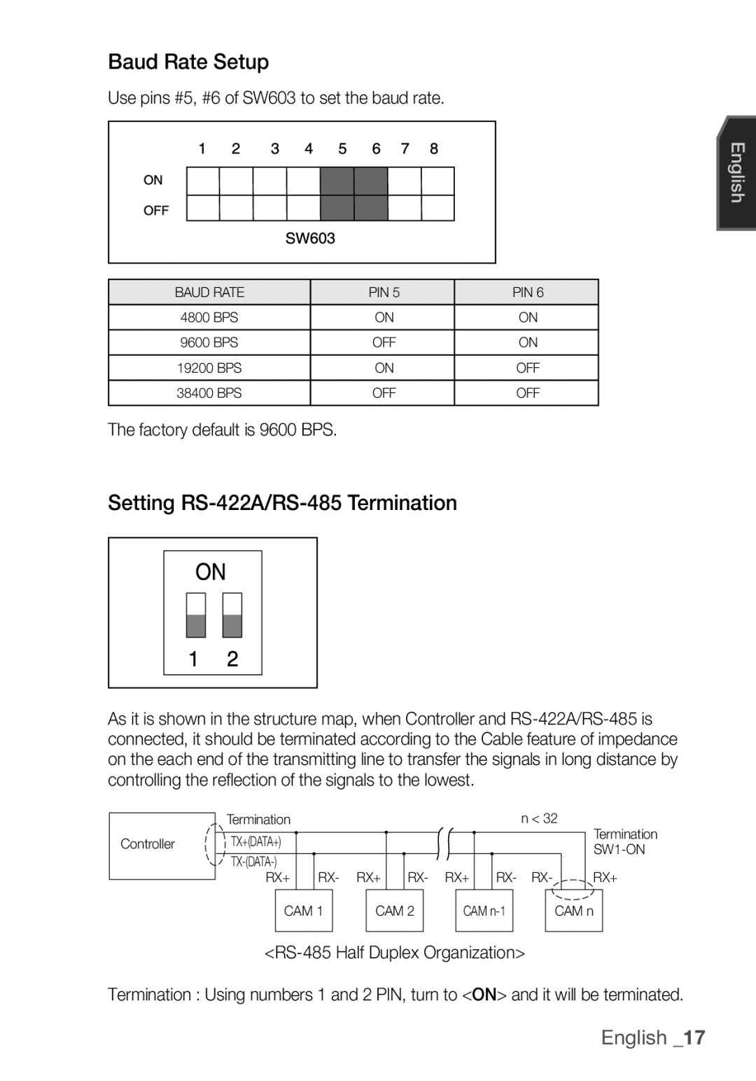 Samsung SCC-C7455P Baud Rate Setup, Setting RS-422A/RS-485 Termination, Use pins #5, #6 of SW603 to set the baud rate 