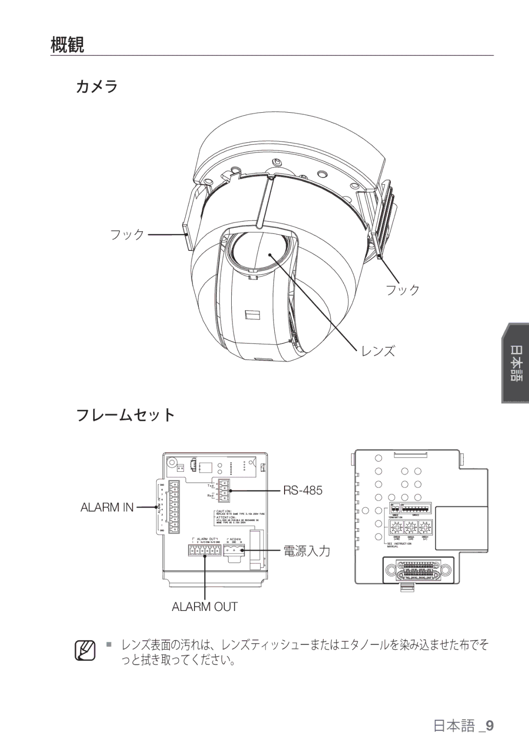 Samsung SCC-C7455P manual カメラ, フレームセット, フック レンズ, 電源入力 