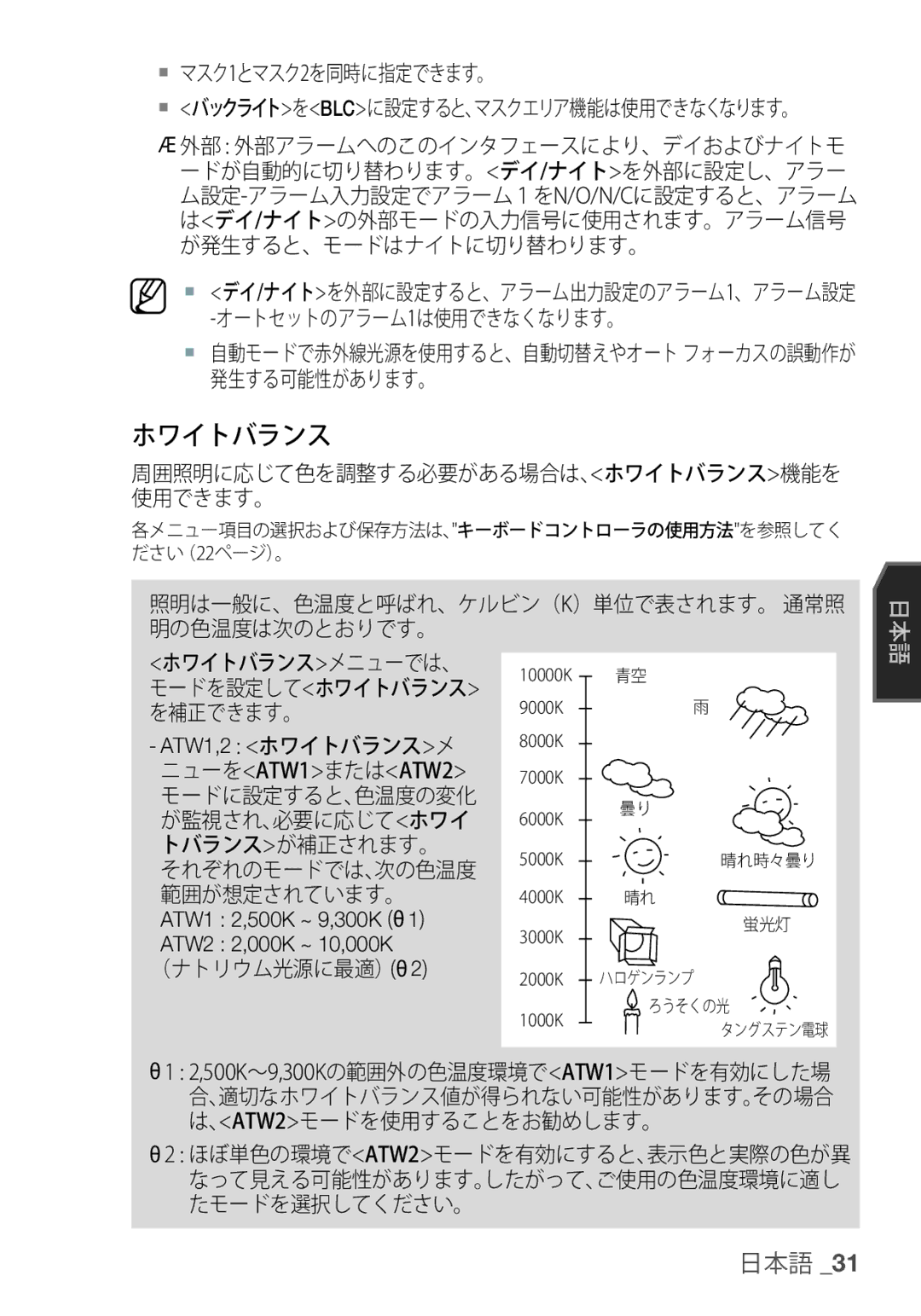 Samsung SCC-C7455P manual ホワイトバランス,  マスク1とマスク2を同時に指定できます。,  自動モードで赤外線光源を使用すると、自動切替えやオート フォーカスの誤動作が 発生する可能性があります。 