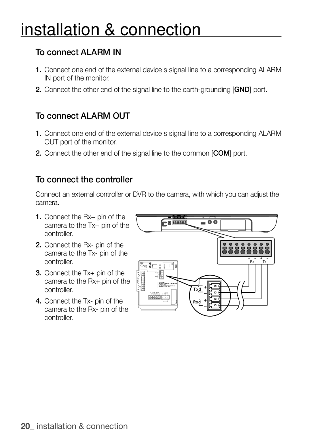 Samsung SCC-C7455P manual To connect Alarm OUT, To connect the controller 