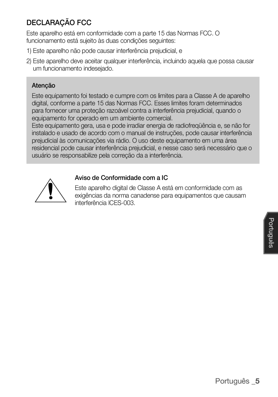 Samsung SCC-C7455P manual Declaração FCC 