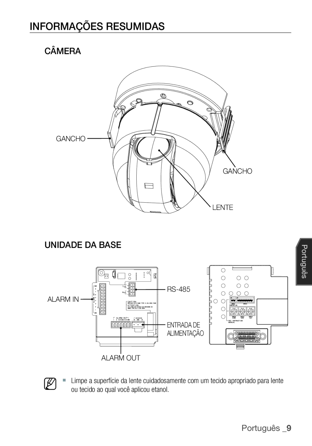 Samsung SCC-C7455P Informações Resumidas, Câmera, Unidade DA Base, Gancho Lente, Alarm Entrada DE Alimentação Alarm OUT 