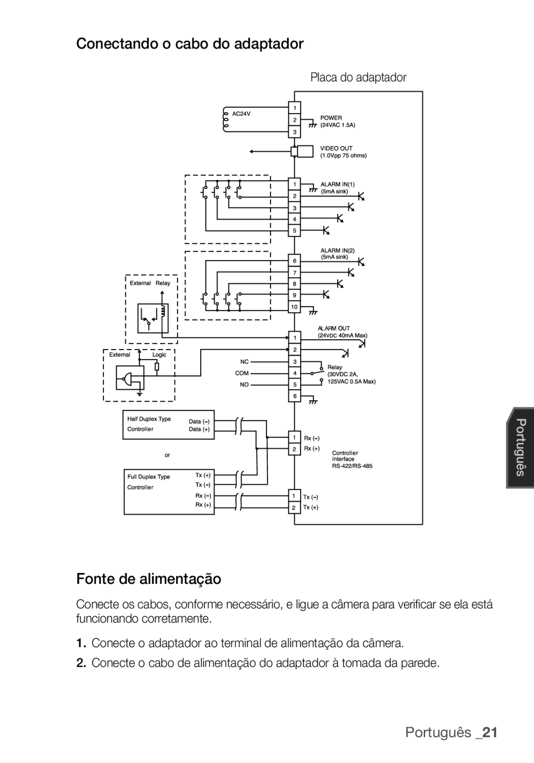 Samsung SCC-C7455P manual Conectando o cabo do adaptador, Fonte de alimentação, Placa do adaptador 