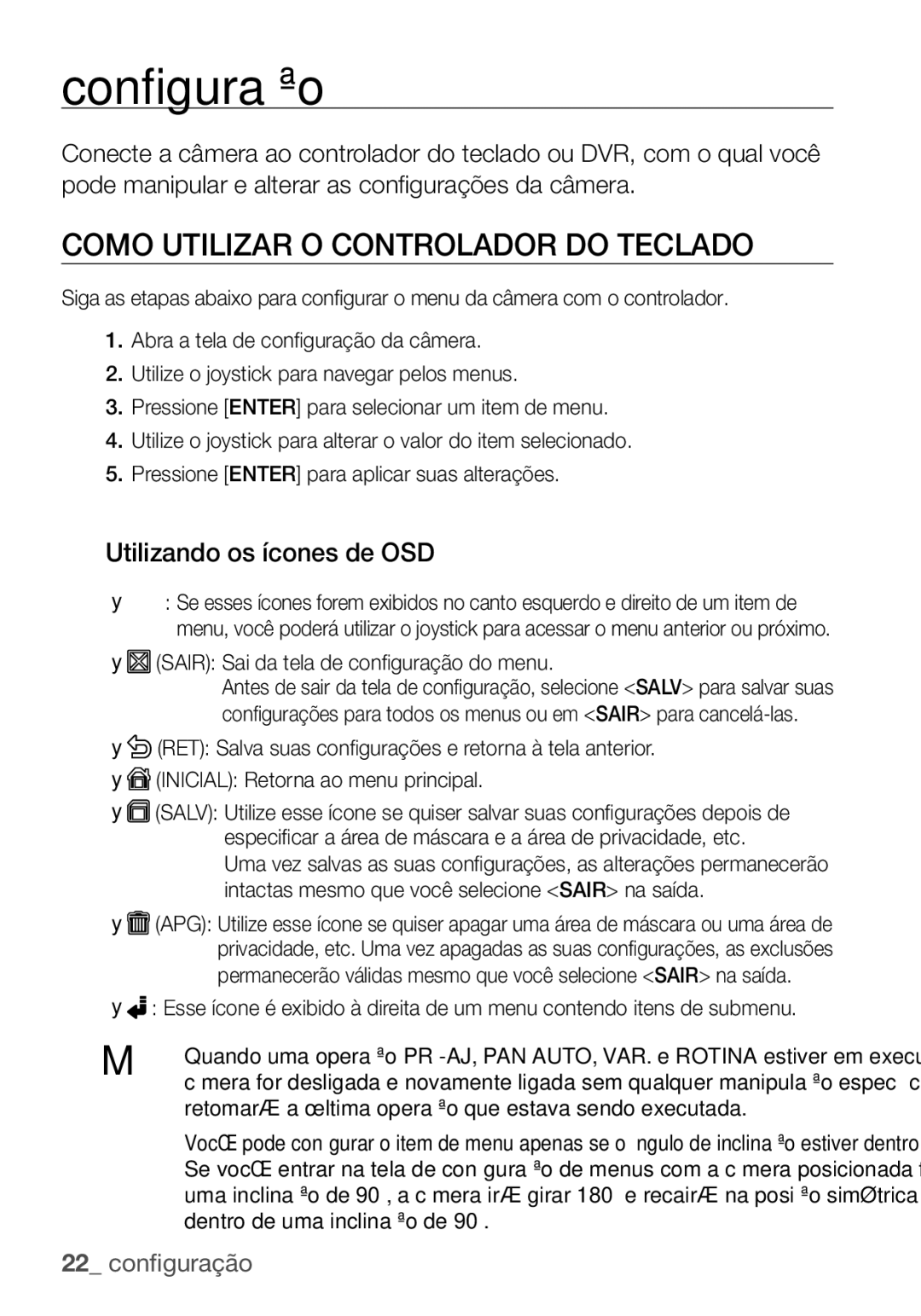 Samsung SCC-C7455P manual Configuração, Como Utilizar O Controlador do Teclado, Utilizando os ícones de OSD 