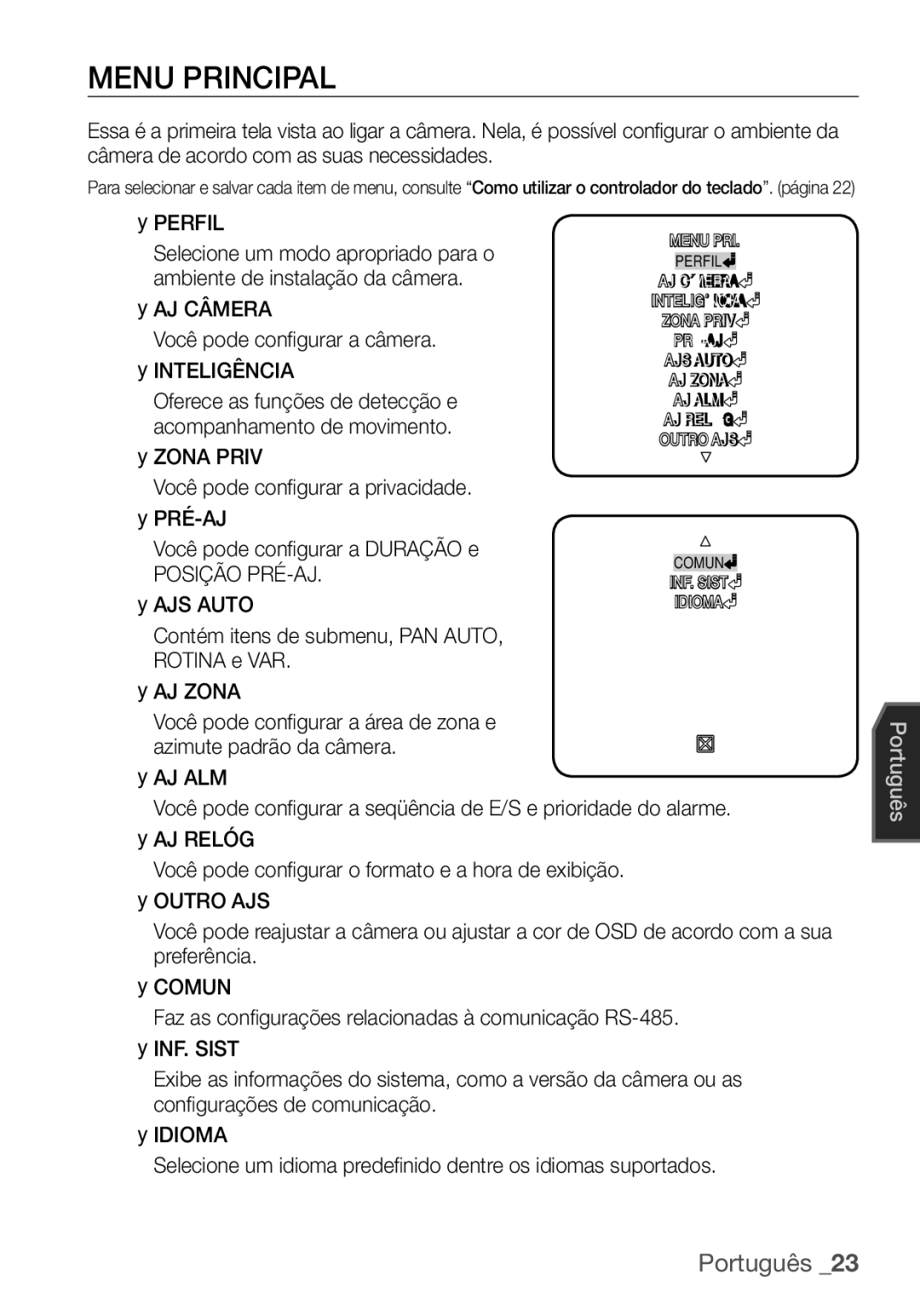 Samsung SCC-C7455P manual AJ Câmera Você pode conﬁ gurar a câmera Inteligência, Posição PRÉ-AJ 