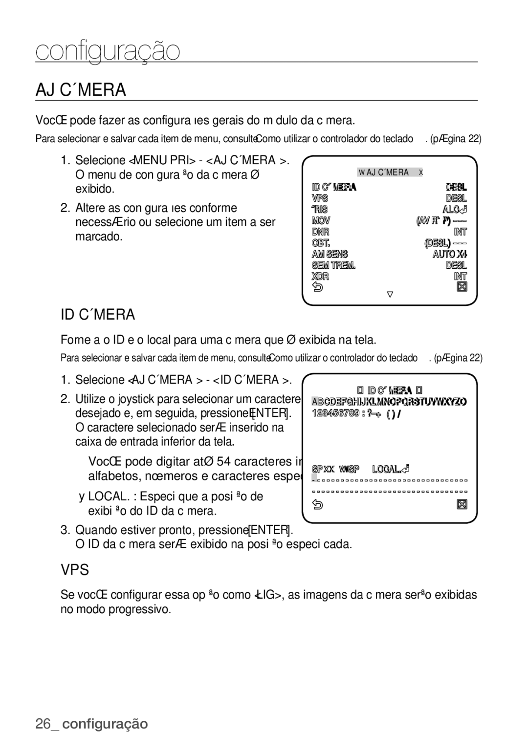 Samsung SCC-C7455P manual AJ Câmera, ID Câmera, Você pode fazer as configurações gerais do módulo da câmera 