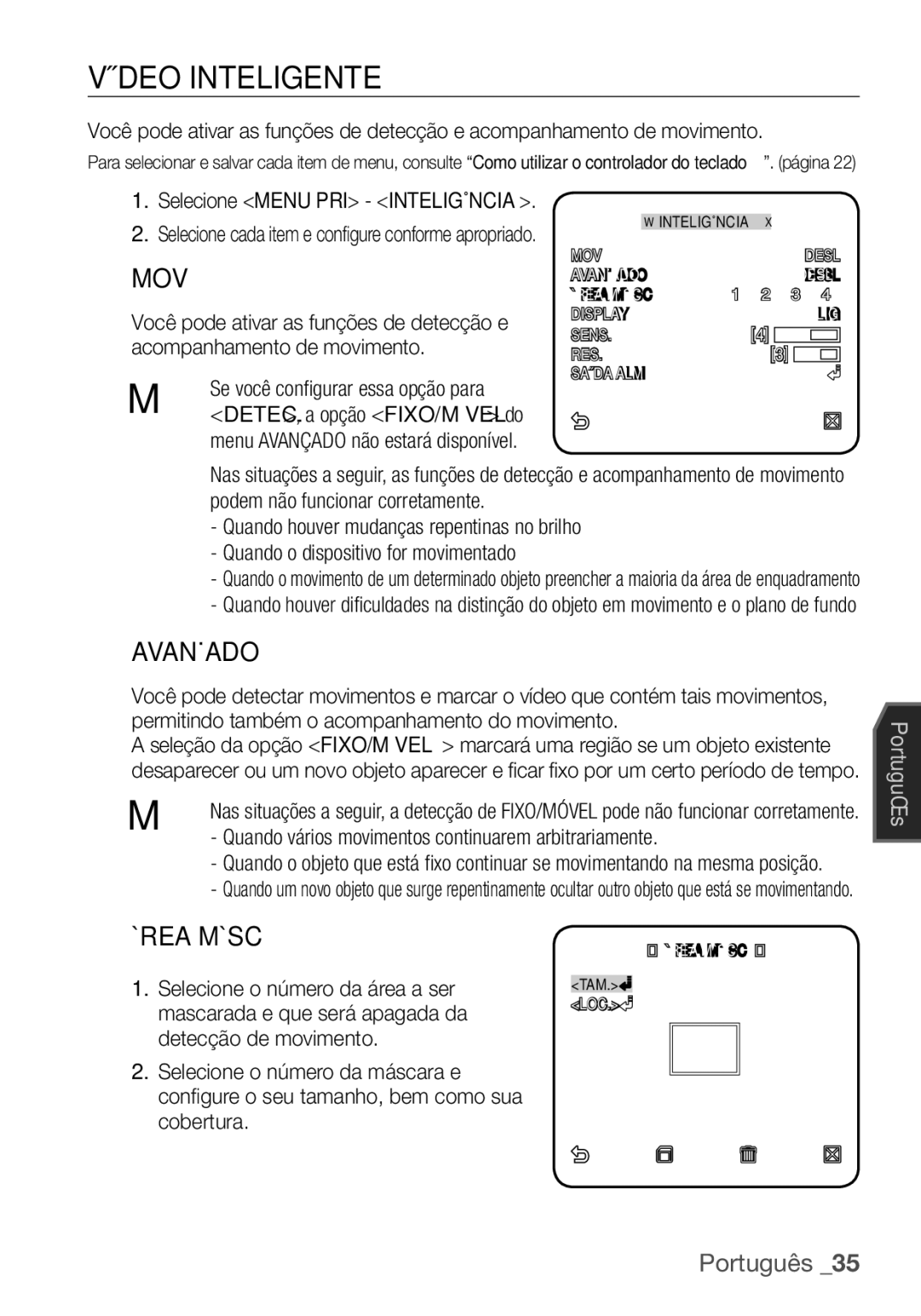 Samsung SCC-C7455P manual Vídeo Inteligente, Avançado, Área Másc, Quando vários movimentos continuarem arbitrariamente 