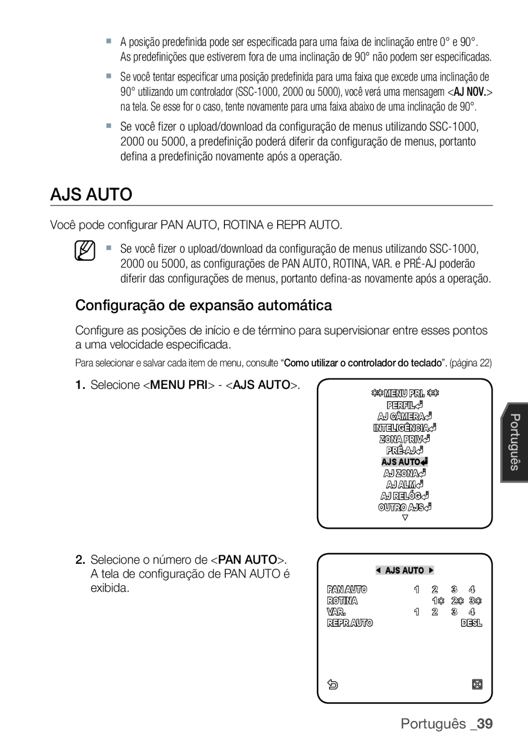 Samsung SCC-C7455P manual AJS Auto, Configuração de expansão automática, Você pode configurar PAN AUTO, Rotina e Repr Auto 