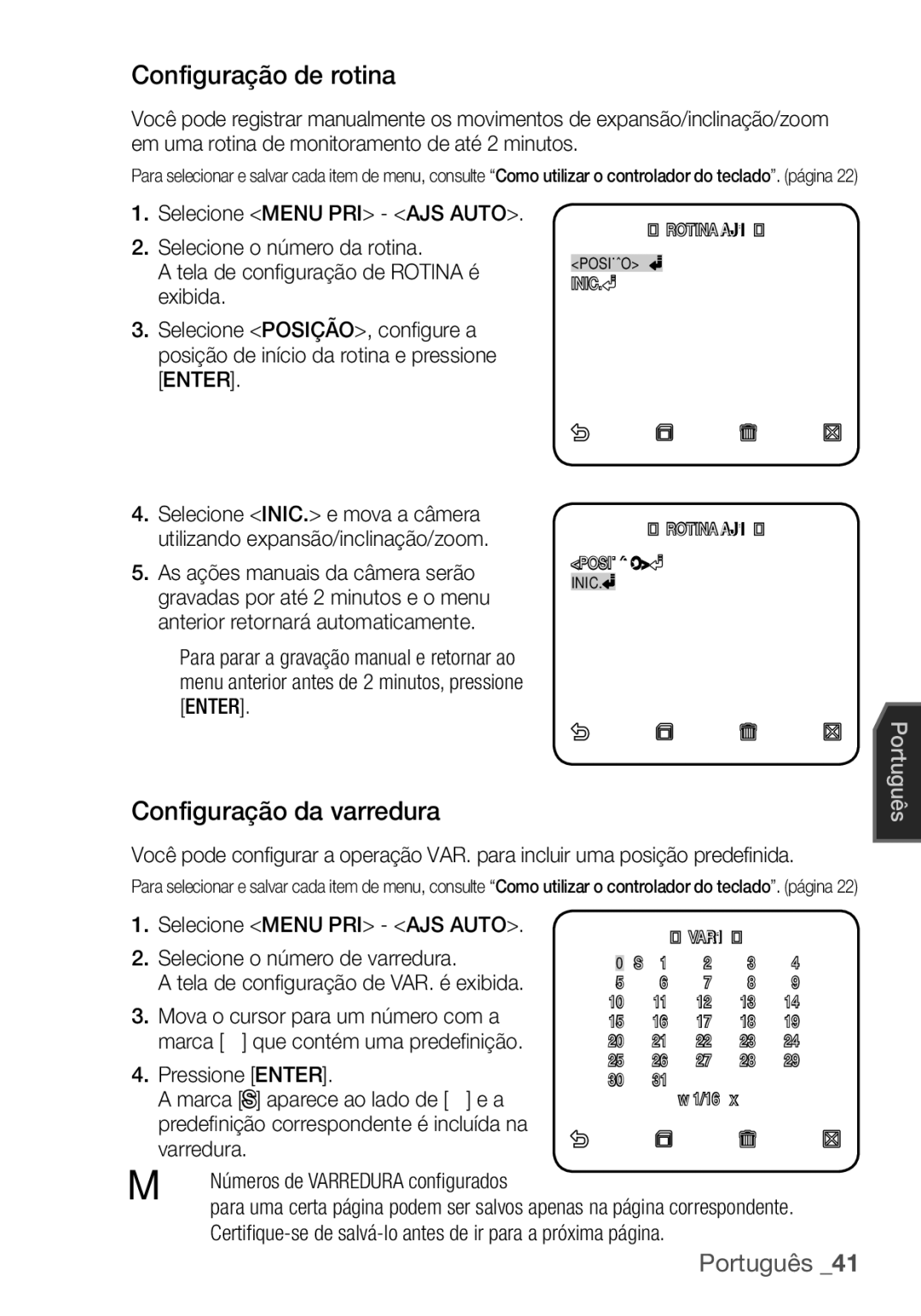 Samsung SCC-C7455P manual Configuração de rotina, Configuração da varredura, Selecione Menu PRI AJS Auto 