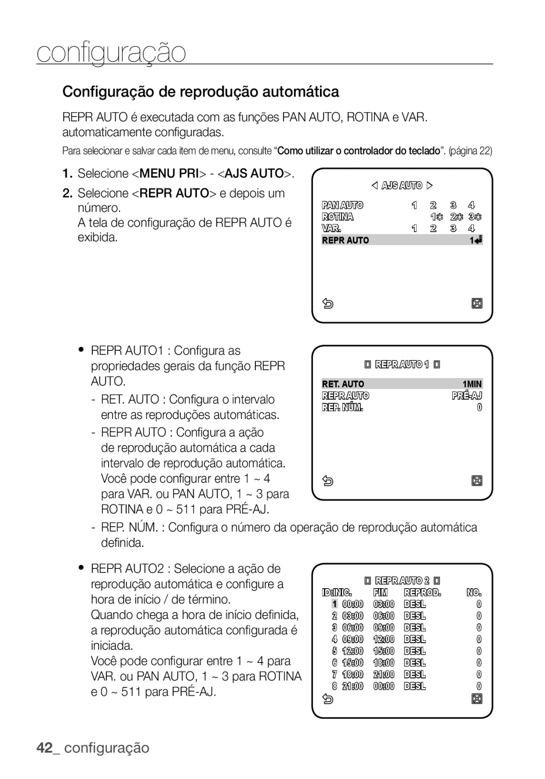 Samsung SCC-C7455P manual Configuração de reprodução automática, Selecione Repr Auto e depois um, Número, Exibida 