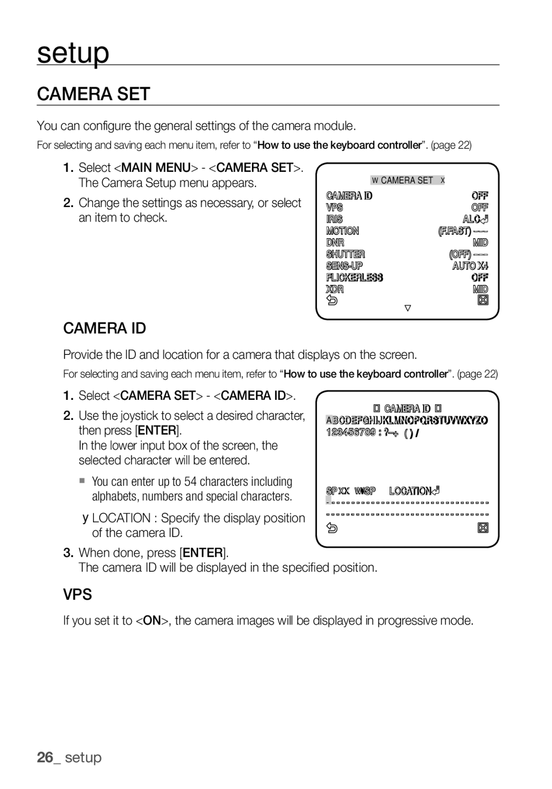 Samsung SCC-C7455P manual Camera SET, Camera ID, Vps, You can configure the general settings of the camera module 