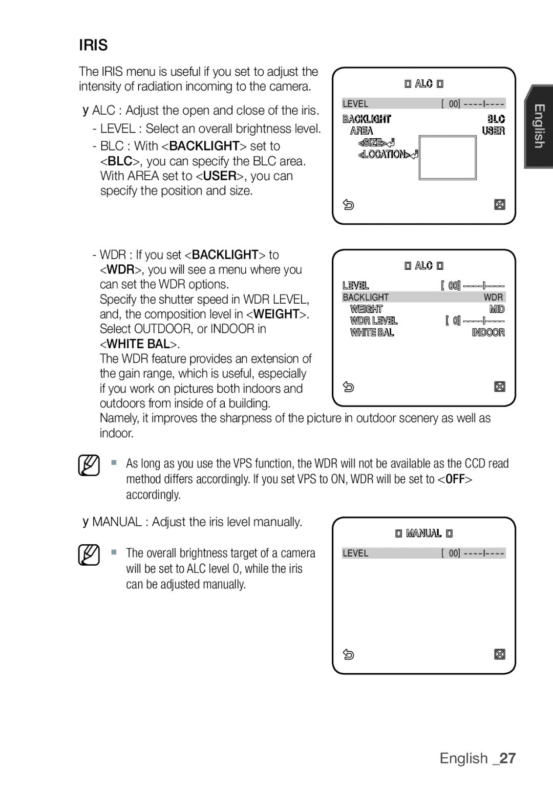 Samsung SCC-C7455P manual Iris, BLC With Backlight set to, WDR If you set Backlight to 