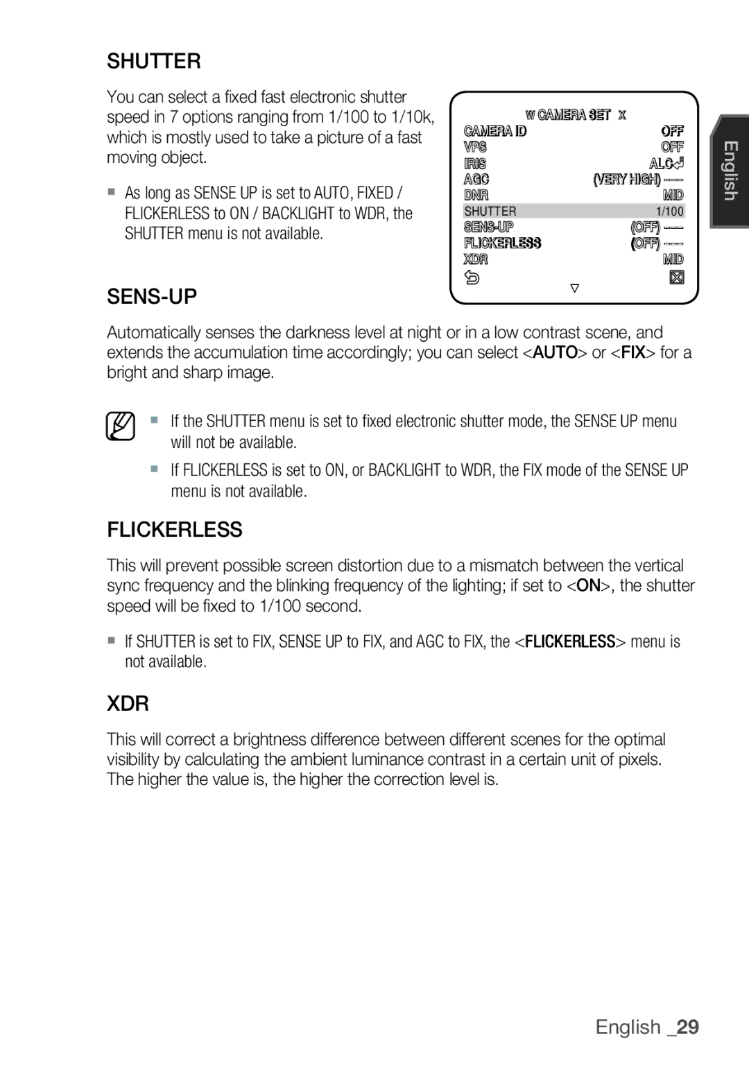 Samsung SCC-C7455P manual Shutter, Sens-Up, Flickerless, Xdr 