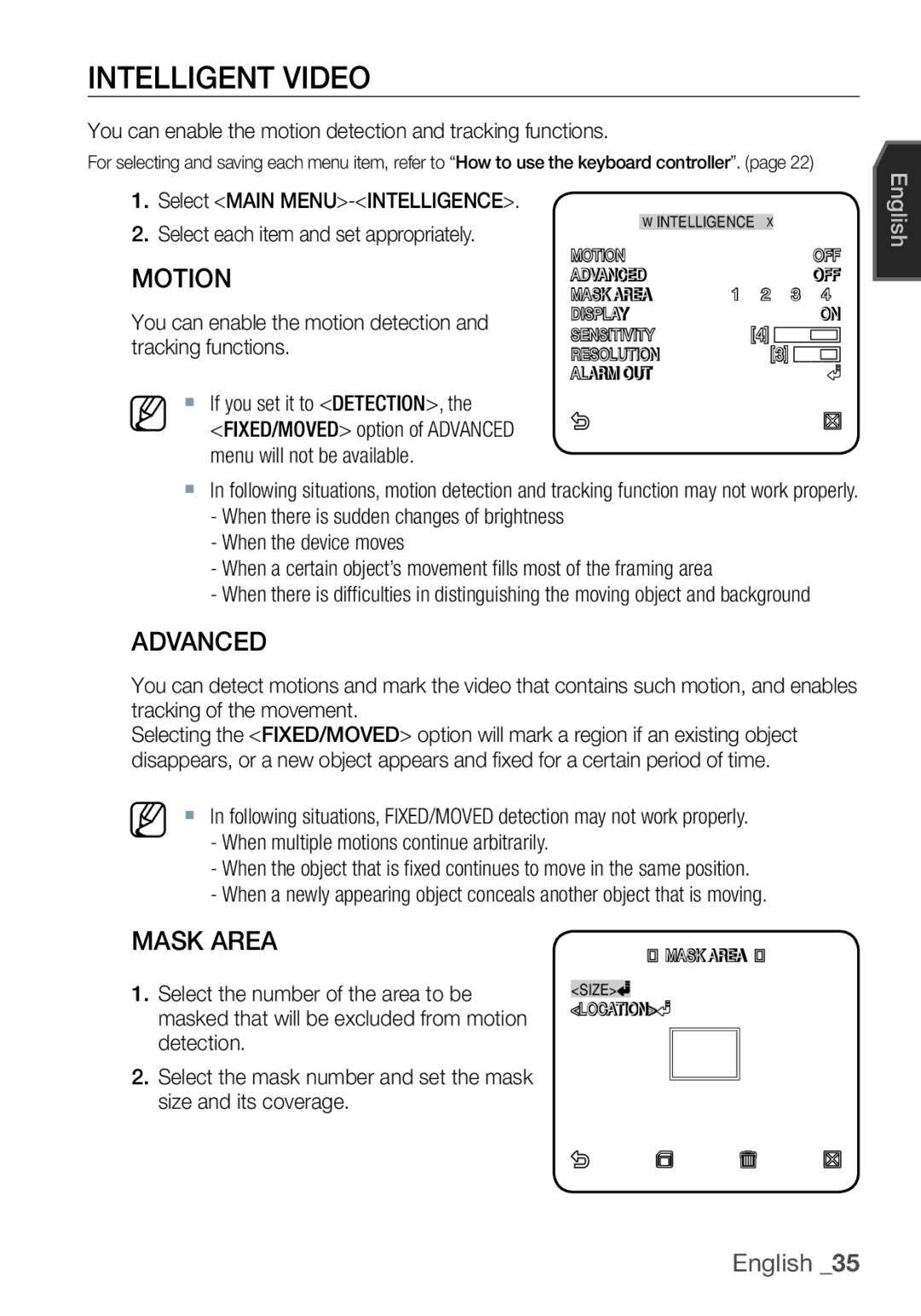 Samsung SCC-C7455P manual Intelligent Video, Advanced, Mask Area 