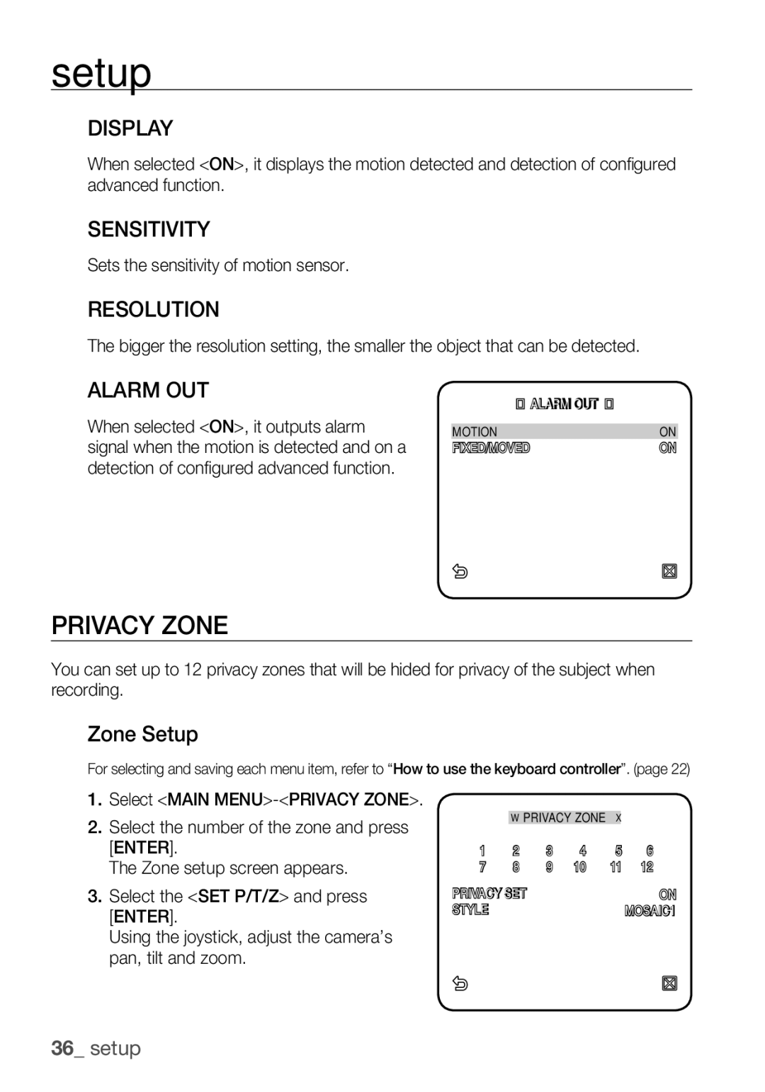 Samsung SCC-C7455P manual Privacy Zone, Display, Sensitivity, Resolution, Alarm OUT 