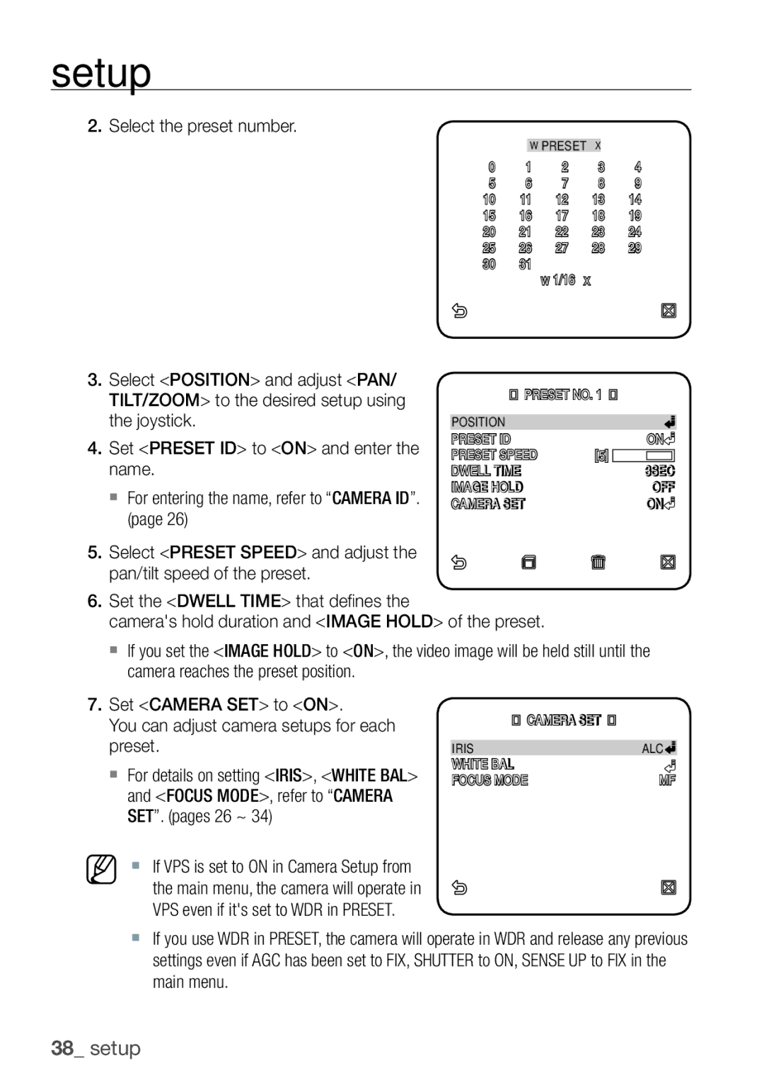 Samsung SCC-C7455P manual Select Position and adjust PAN, TILT/ZOOM to the desired setup using Joystick, Name, Preset 