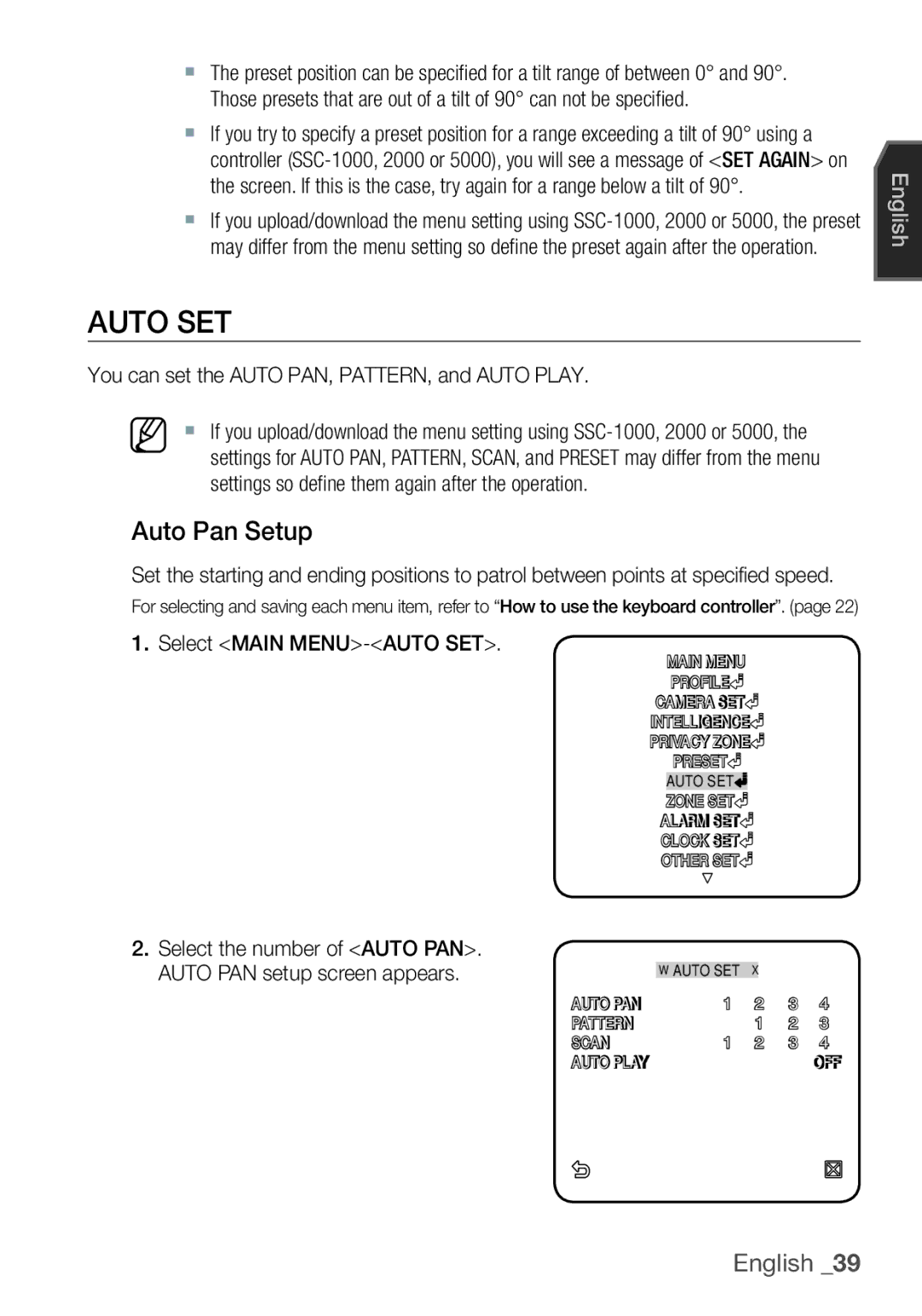 Samsung SCC-C7455P Auto SET, Auto Pan Setup, You can set the Auto PAN, PATTERN, and Auto Play, Select Main MENU-AUTO SET 