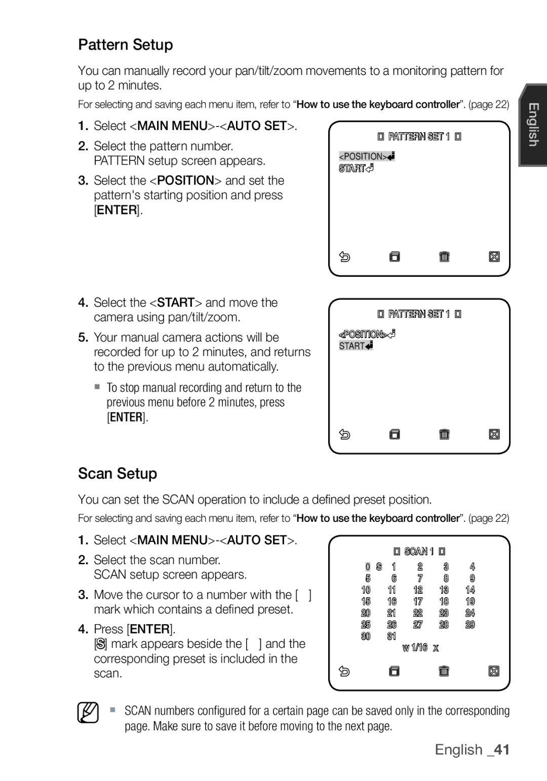 Samsung SCC-C7455P manual Pattern Setup, Scan Setup, Select the Start and move the camera using pan/tilt/zoom 