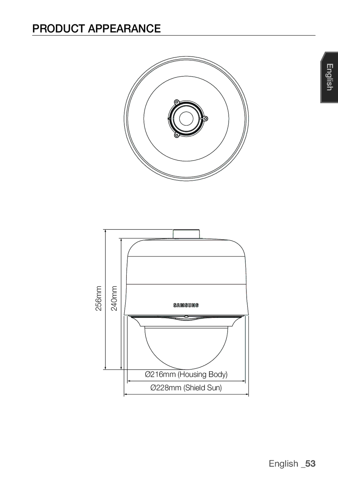 Samsung SCC-C7455P manual Product Appearance, Ø216mm Housing Body Ø228mm Shield Sun 