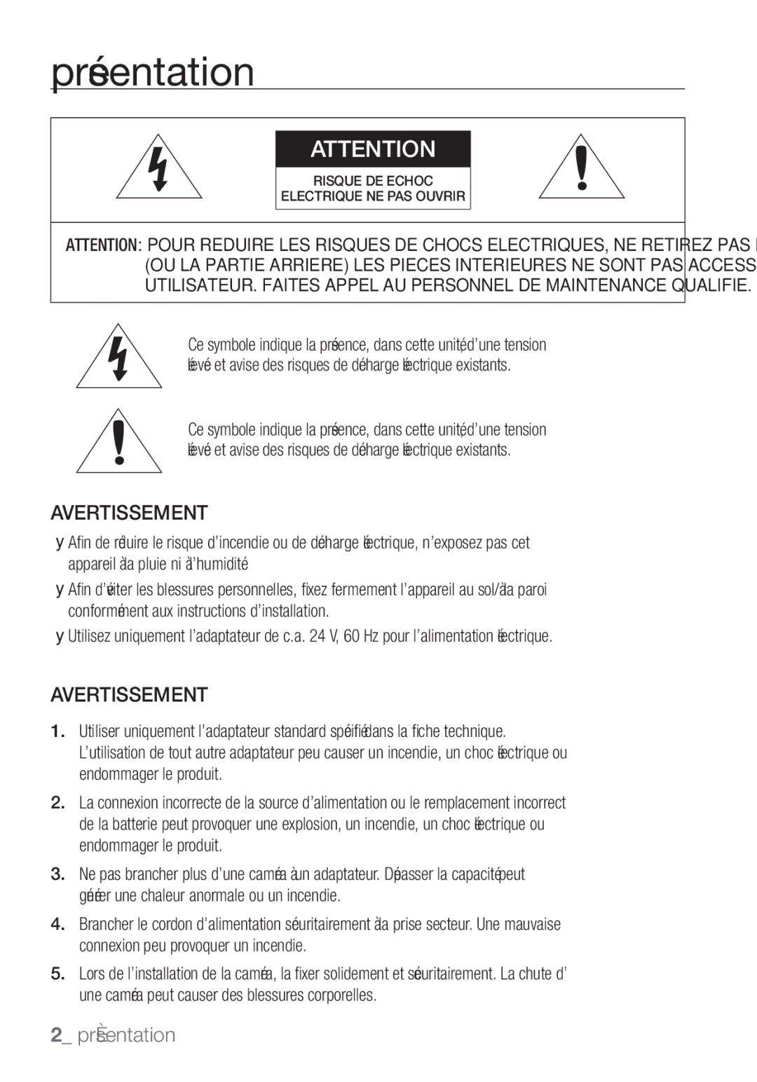 Samsung SCC-C7455P manual Présentation, Avertissement 