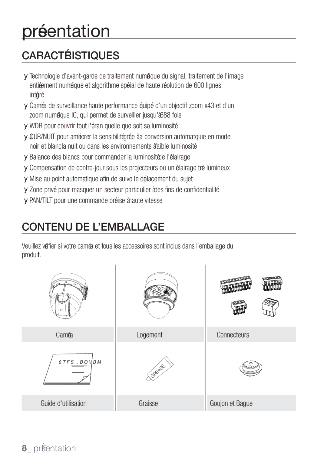 Samsung SCC-C7455P manual Caractéristiques, Contenu DE L’EMBALLAGE 