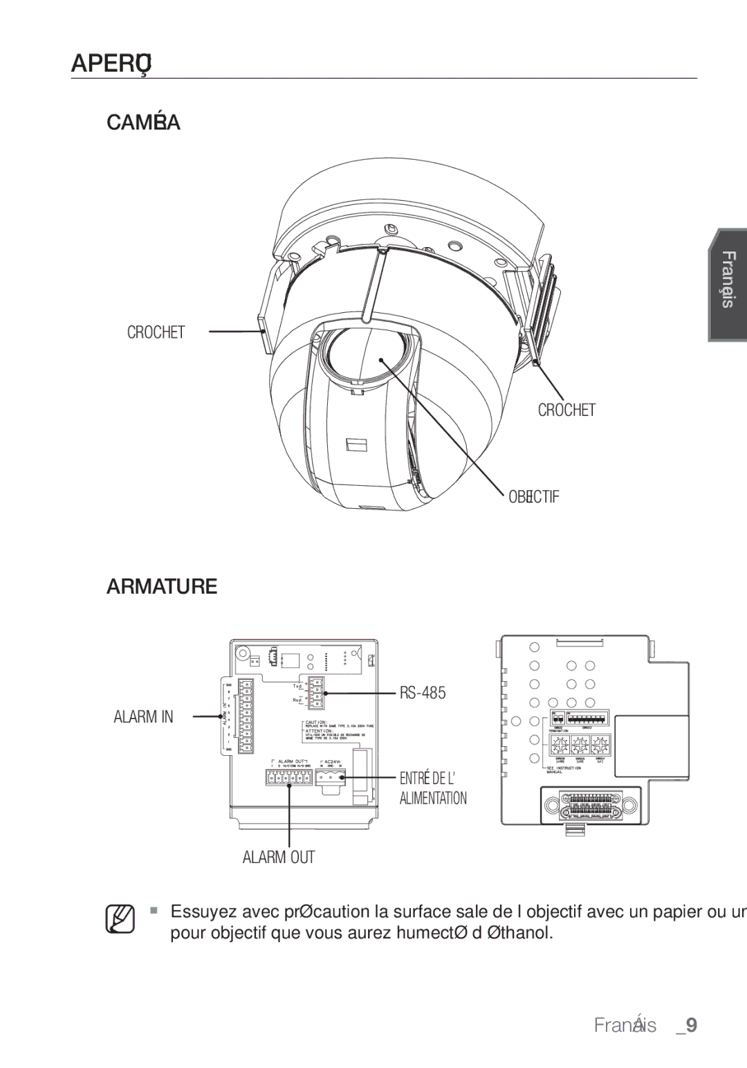 Samsung SCC-C7455P manual Aperçu, Caméra, Armature, Crochet Objectif, Alarm Entrée DE L’ Alimentation Alarm OUT 