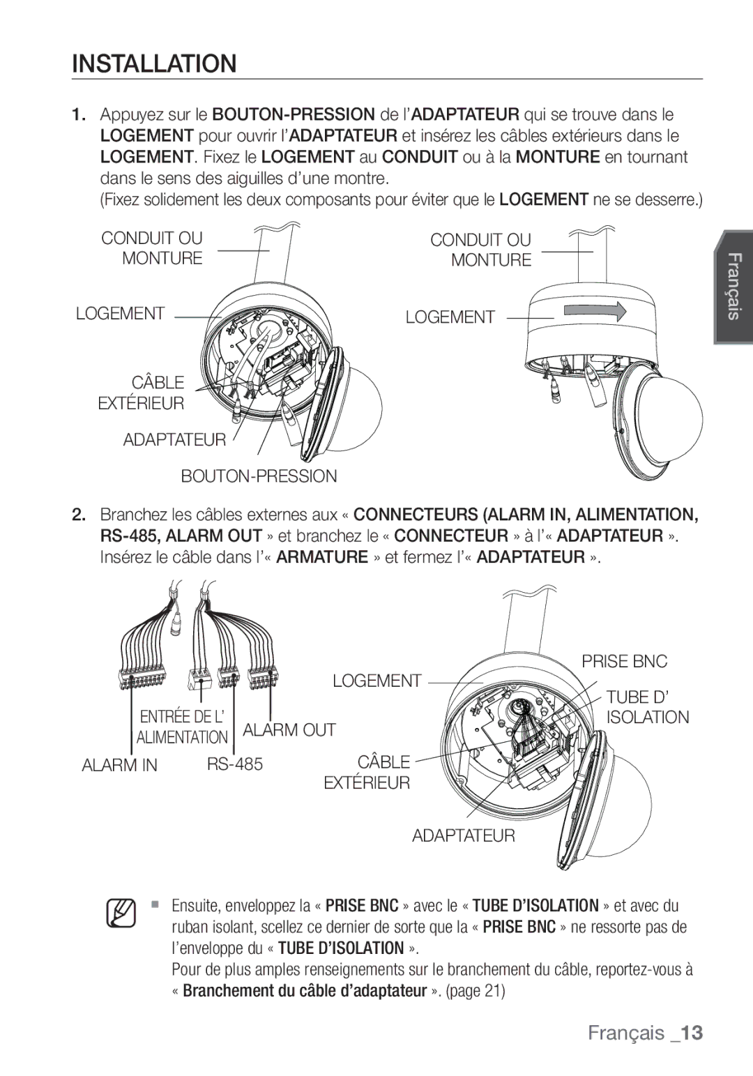 Samsung SCC-C7455P manual Conduit OU Monture, Câble Extérieur Adaptateur BOUTON-PRESSION, Prise BNC, Logement 