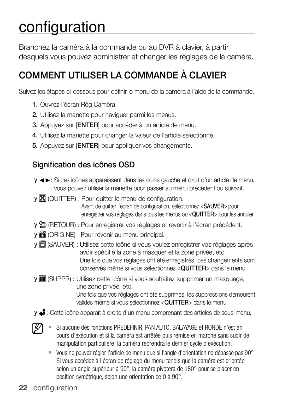 Samsung SCC-C7455P manual Configuration, Comment Utiliser LA Commande À Clavier, Signification des icônes OSD 