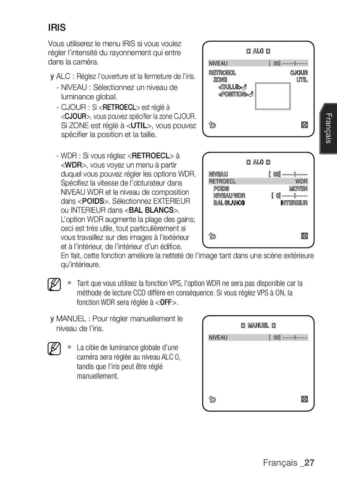 Samsung SCC-C7455P manual WDR Si vous réglez Retroecl à, WDR, vous voyez un menu à partir, Ou Interieur dans BAL Blancs 