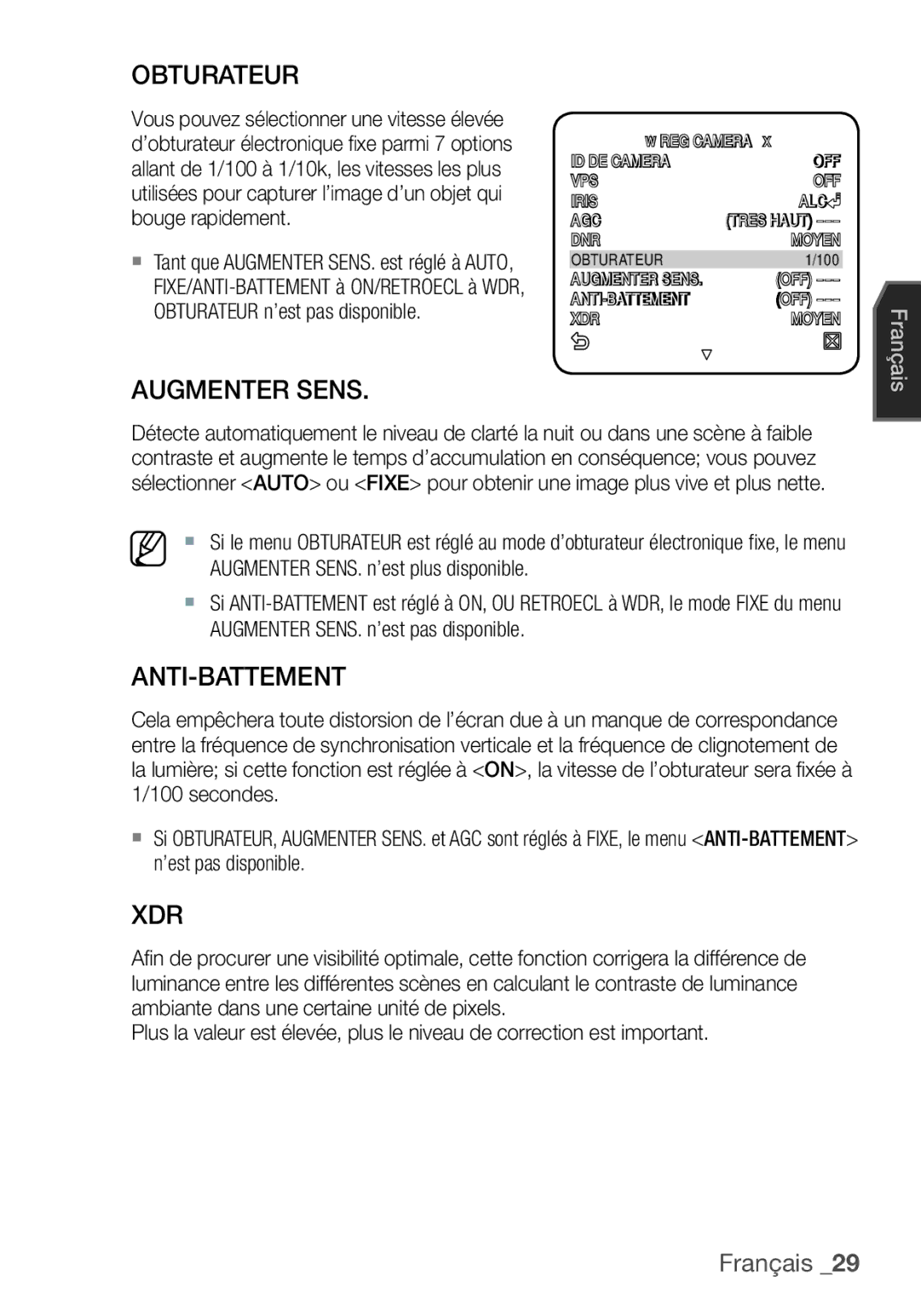 Samsung SCC-C7455P manual Obturateur, Augmenter Sens, Anti-Battement 