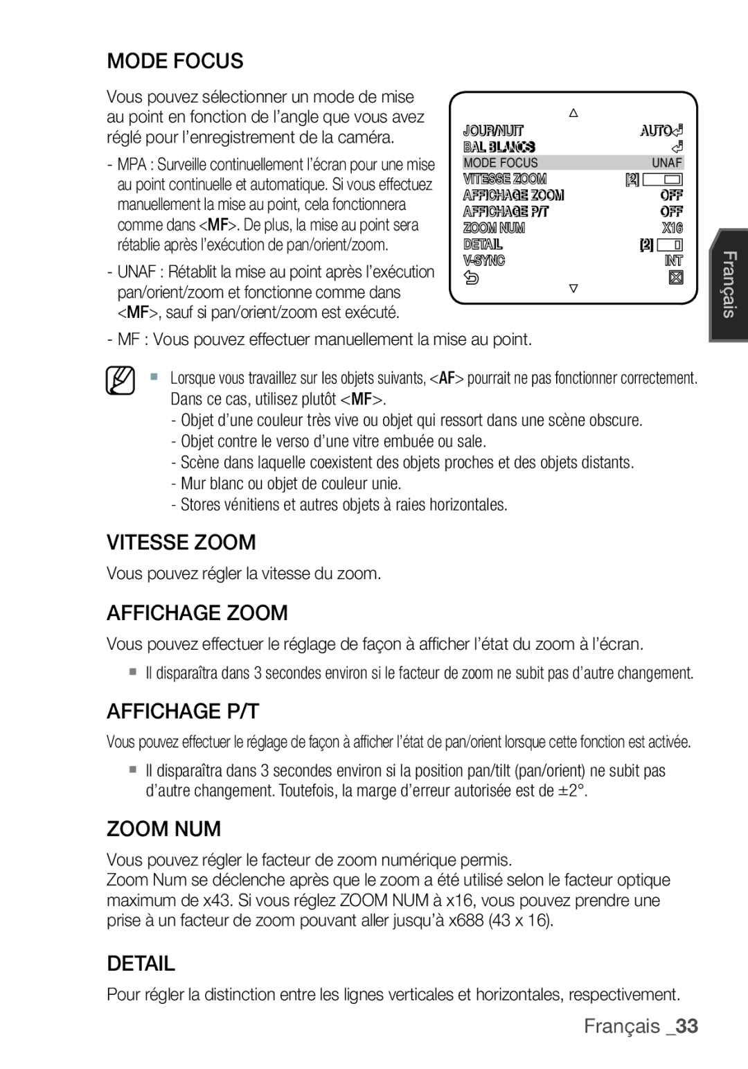 Samsung SCC-C7455P manual Mode Focus, Vitesse Zoom, Affichage Zoom, Affichage P/T, Zoom NUM 