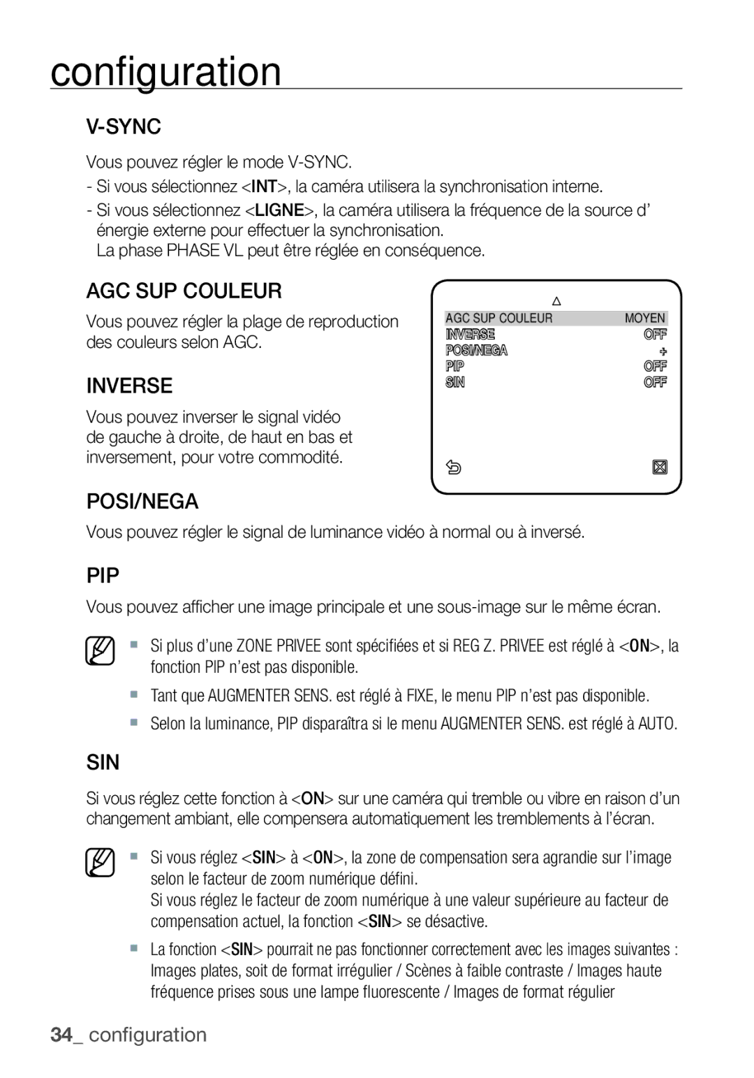 Samsung SCC-C7455P manual AGC SUP Couleur, Inverse, Sin 