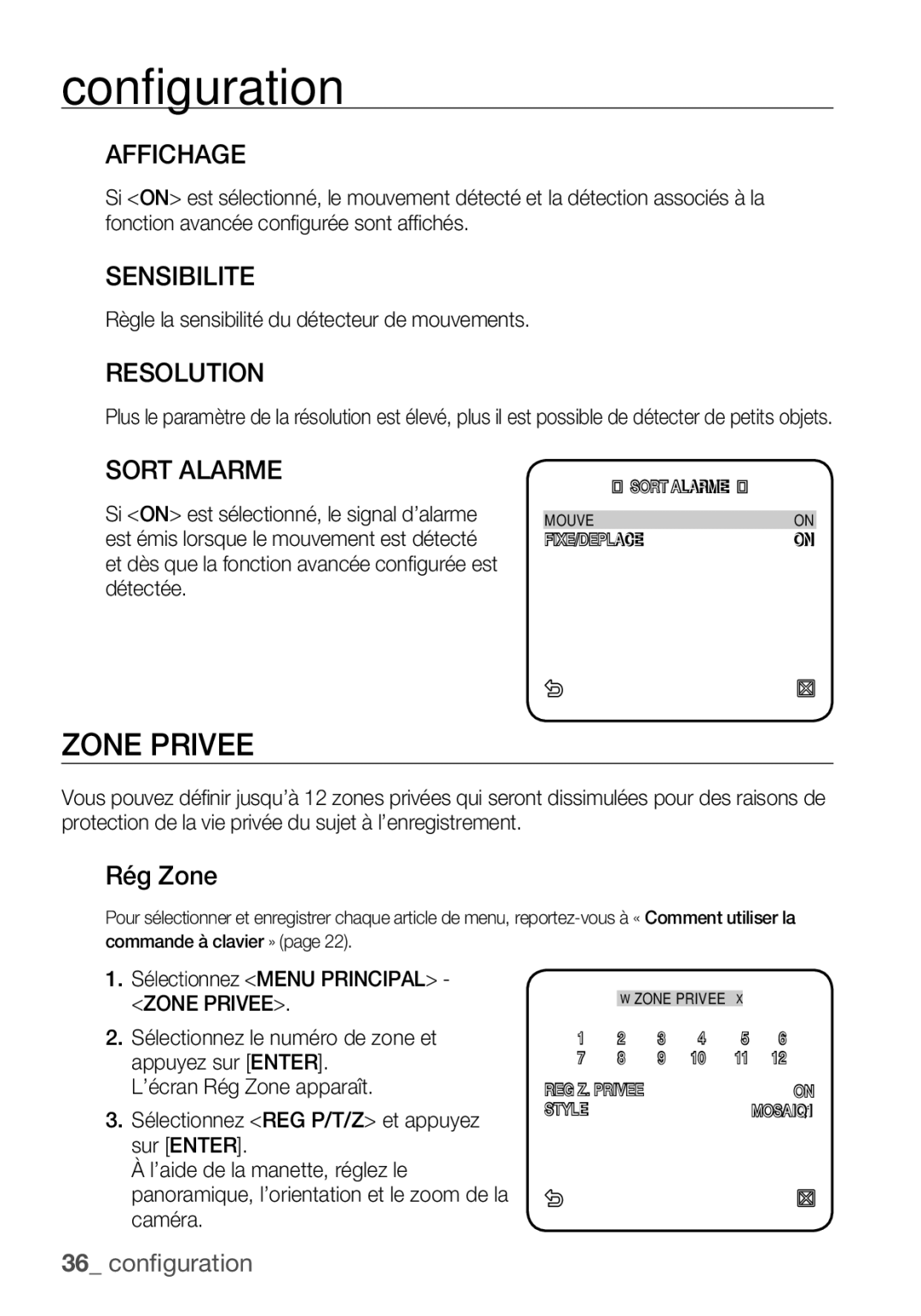 Samsung SCC-C7455P manual Zone Privee, Affichage, Sensibilite, Sort Alarme, Rég Zone 