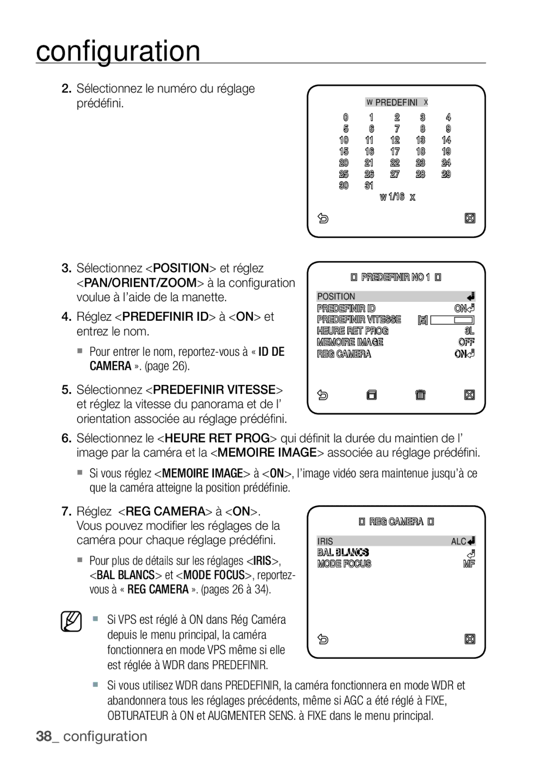 Samsung SCC-C7455P manual Prédéﬁ ni, Vous pouvez modiﬁ er les réglages de la, Caméra pour chaque réglage prédéﬁ ni 