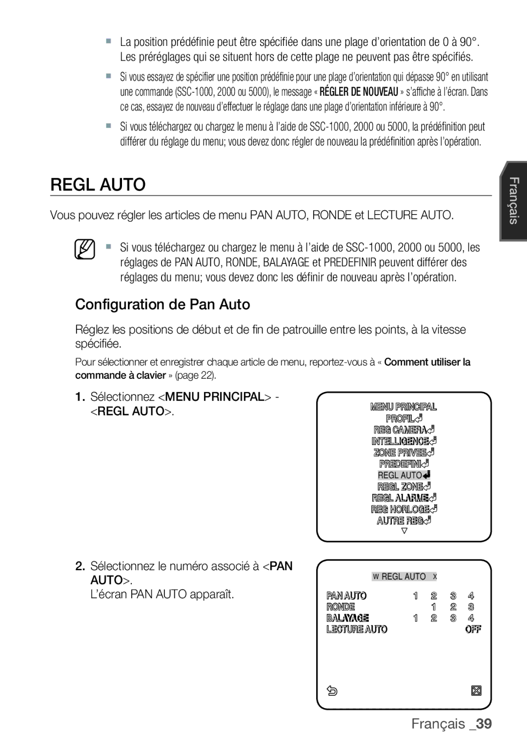 Samsung SCC-C7455P manual Regl Auto, Configuration de Pan Auto 