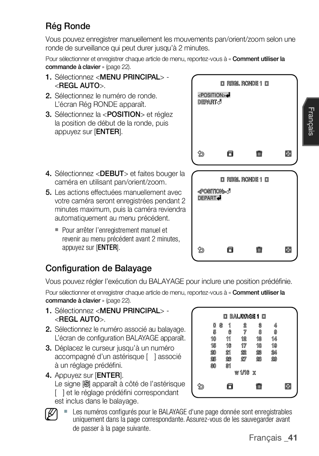 Samsung SCC-C7455P manual Rég Ronde, Configuration de Balayage, Sélectionnez Menu Principal Regl Auto 