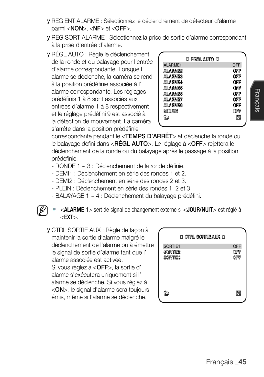 Samsung SCC-C7455P manual Ctrl Sortie AUX SORTIE1 