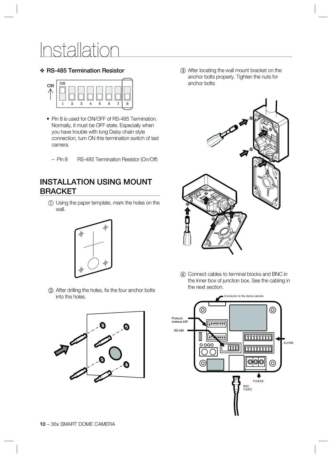 Samsung SCC-C7478 manual Installation Using Mount Bracket, RS-485 Termination Resistor 