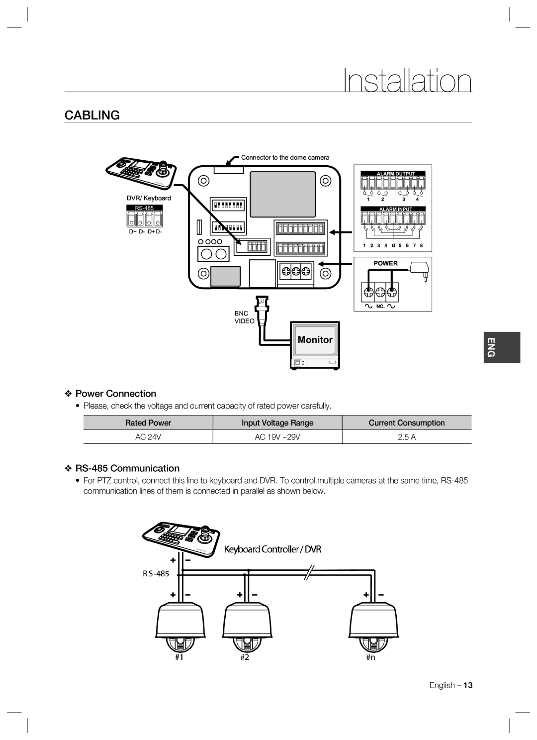 Samsung SCC-C7478 manual Cabling, Power Connection, RS-485 Communication 