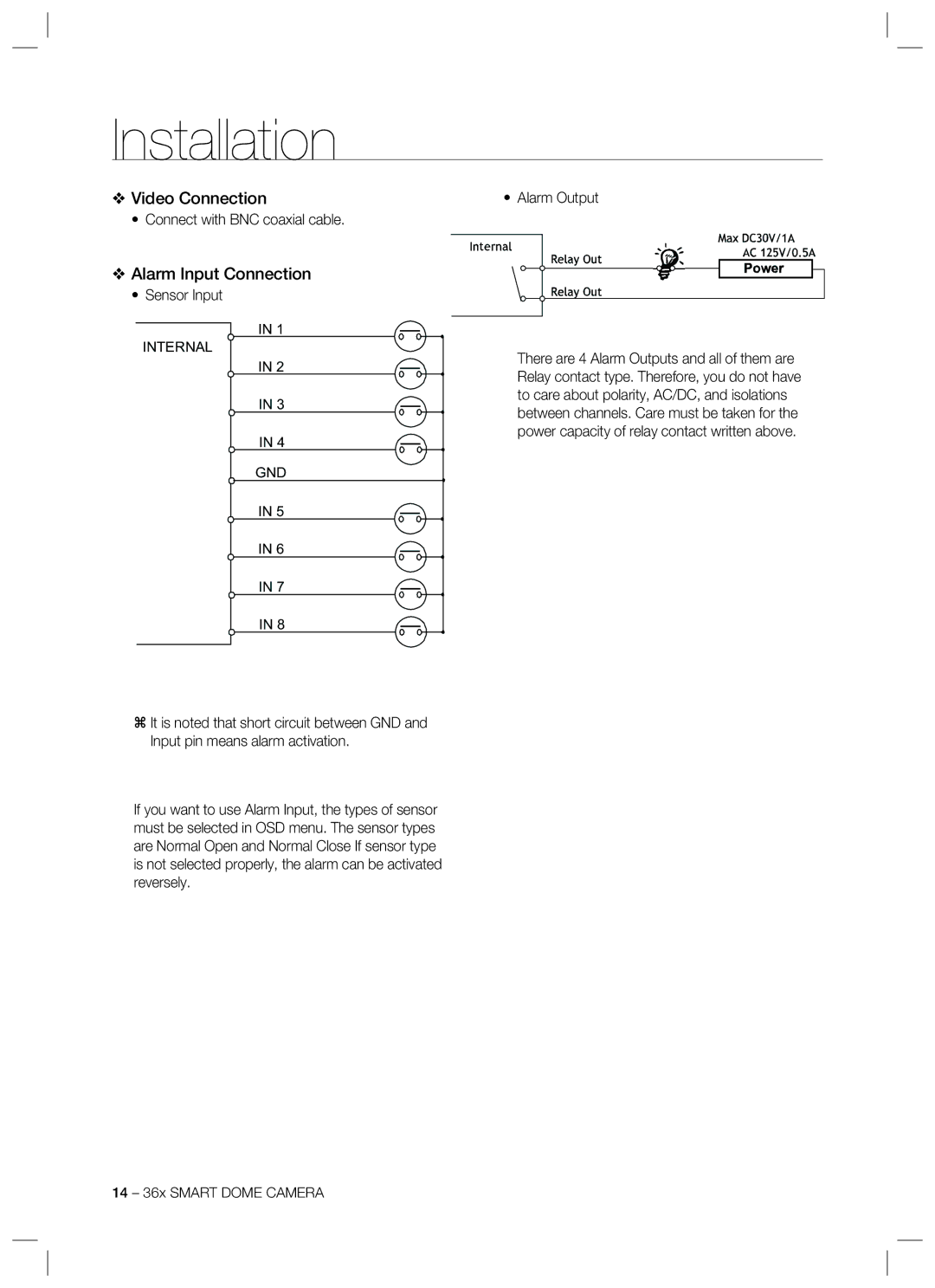 Samsung SCC-C7478 manual Video Connection, Alarm Input Connection, Connect with BNC coaxial cable, Sensor Input 