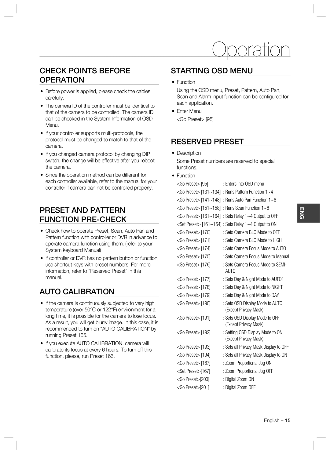 Samsung SCC-C7478 manual Operation 