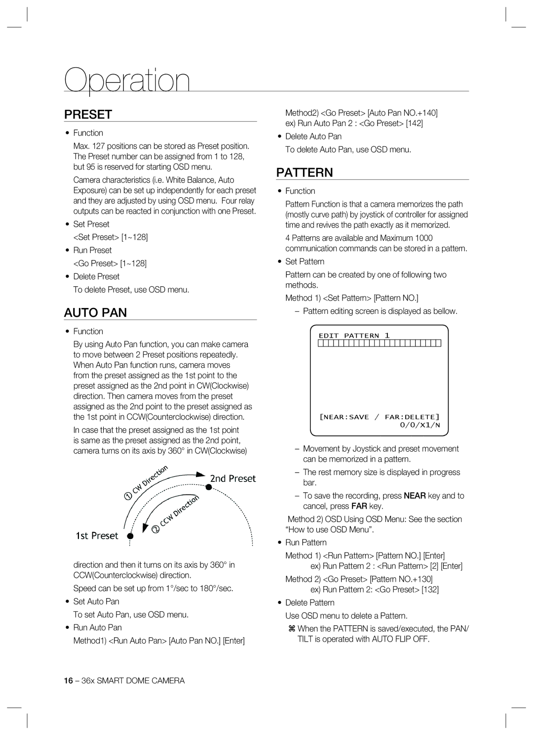 Samsung SCC-C7478 manual Preset, Auto PAN, Pattern, Delete Auto Pan To delete Auto Pan, use OSD menu 