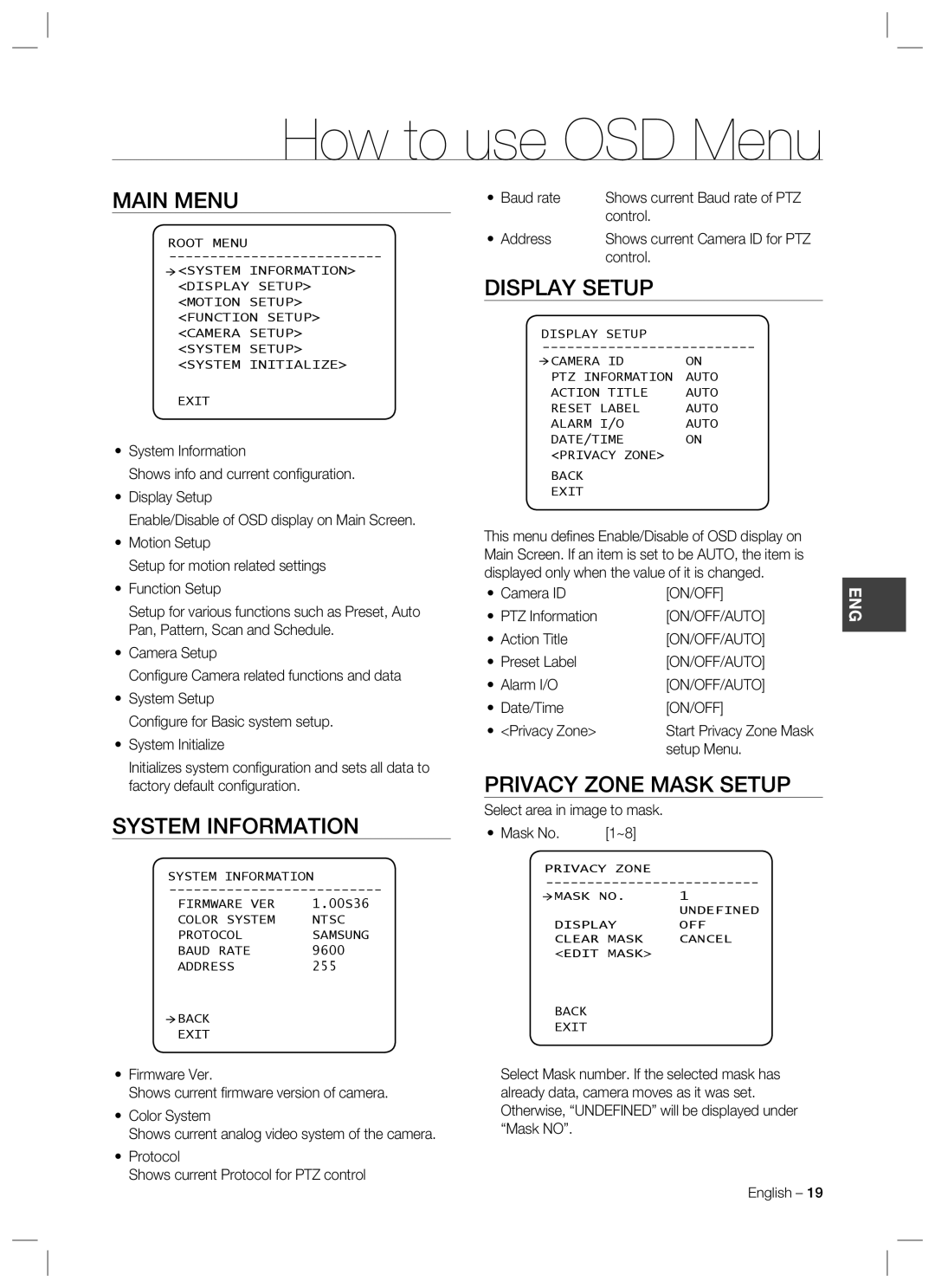 Samsung SCC-C7478 manual How to use OSD Menu, Main Menu, System Information, Display Setup, Privacy Zone Mask Setup 