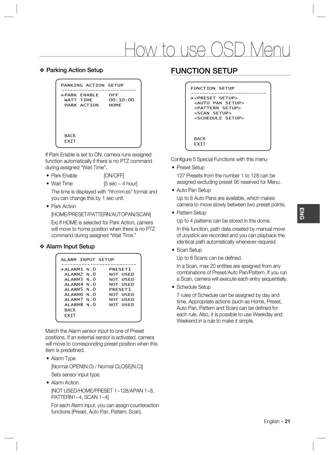 Samsung SCC-C7478 manual Function Setup, Parking Action Setup, Alarm Input Setup, Home/Preset/Pattern/Autopan/Scan 