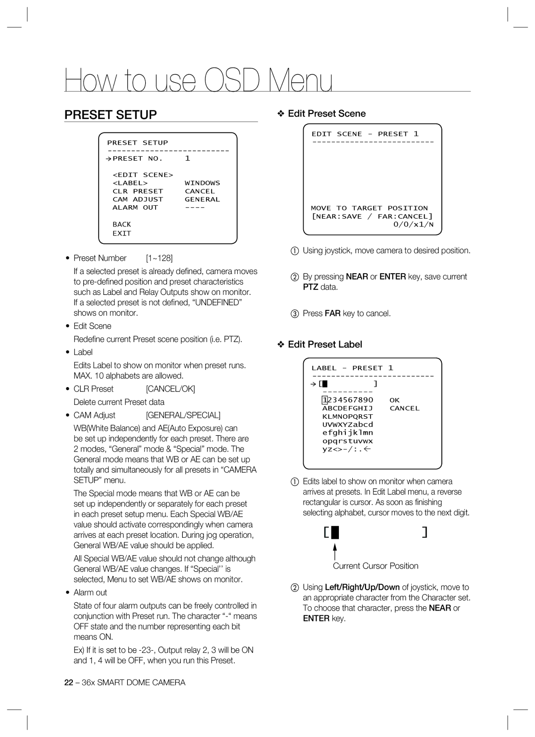 Samsung SCC-C7478 manual Preset Setup, Edit Preset Scene, Edit Preset Label, Cancel/Ok 