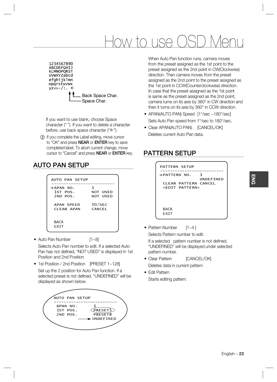 Samsung SCC-C7478 manual Auto PAN Setup, Pattern Setup, Back Space Char 