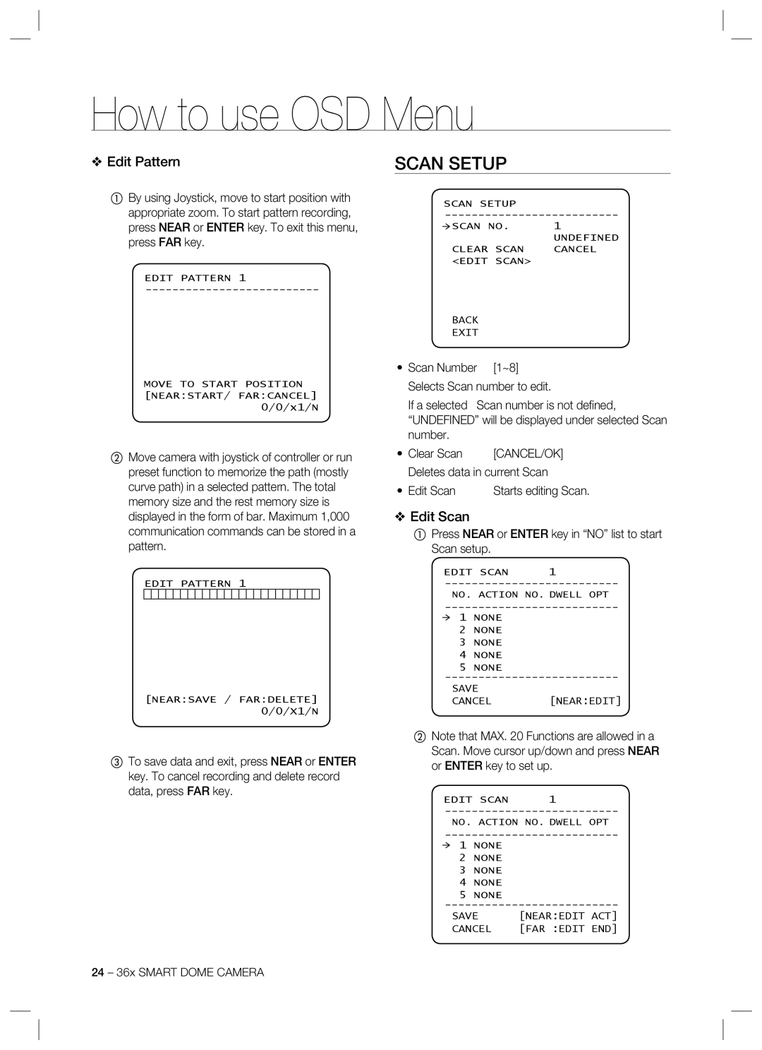 Samsung SCC-C7478 manual Scan Setup, Edit Pattern, Edit Scan 